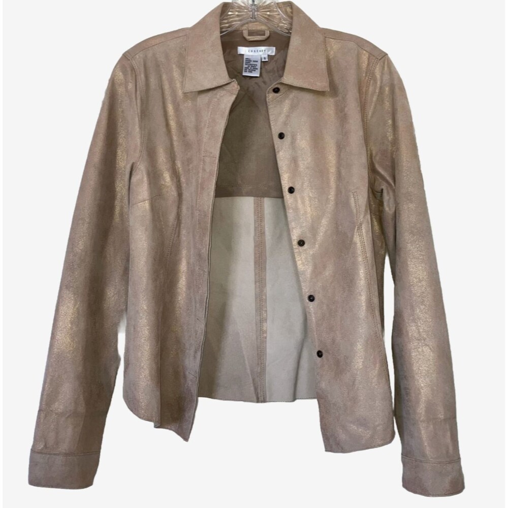 CO & EDDY 6 Distressed Leather Gold Sheen Snap Long Sleeve Blouse Tunic Jacket s